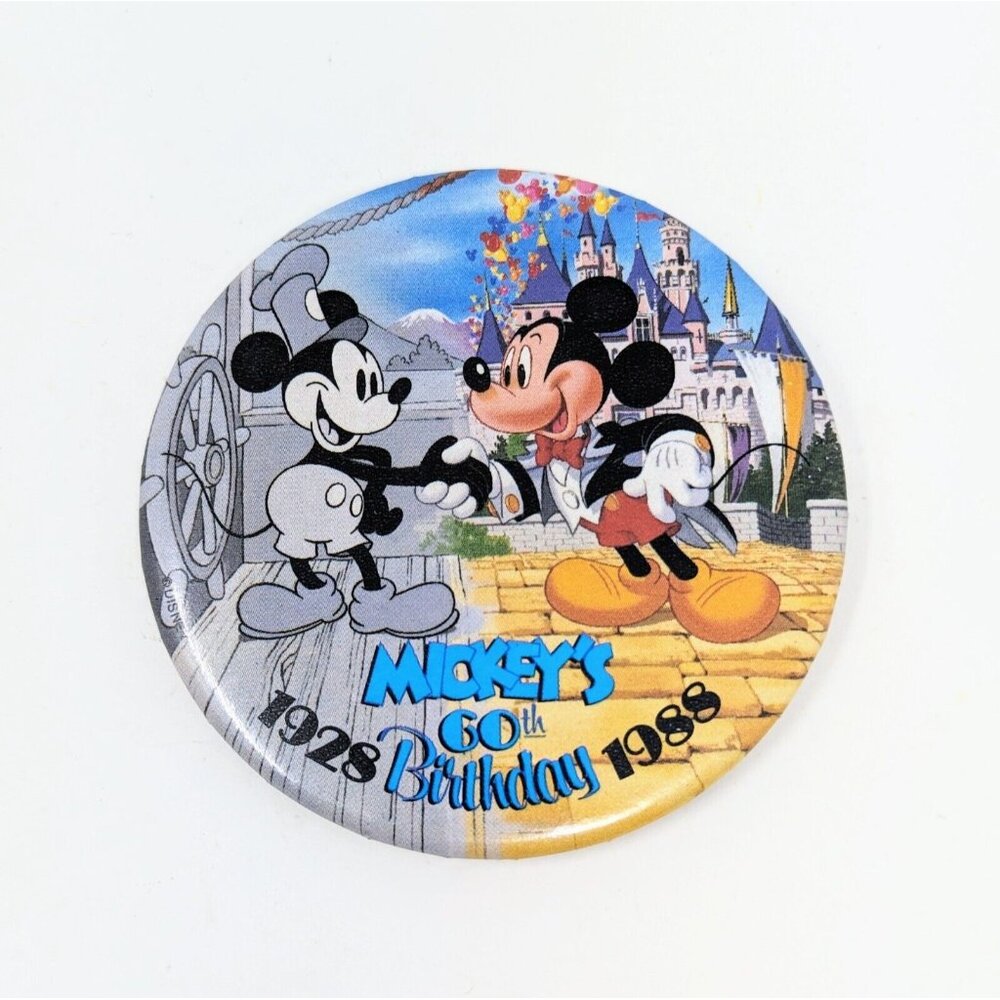 VTG 1988 DISNEYLAND MICKEY’S 60th Anniversary 3” Pinback Pin Button ~ Disney 80s